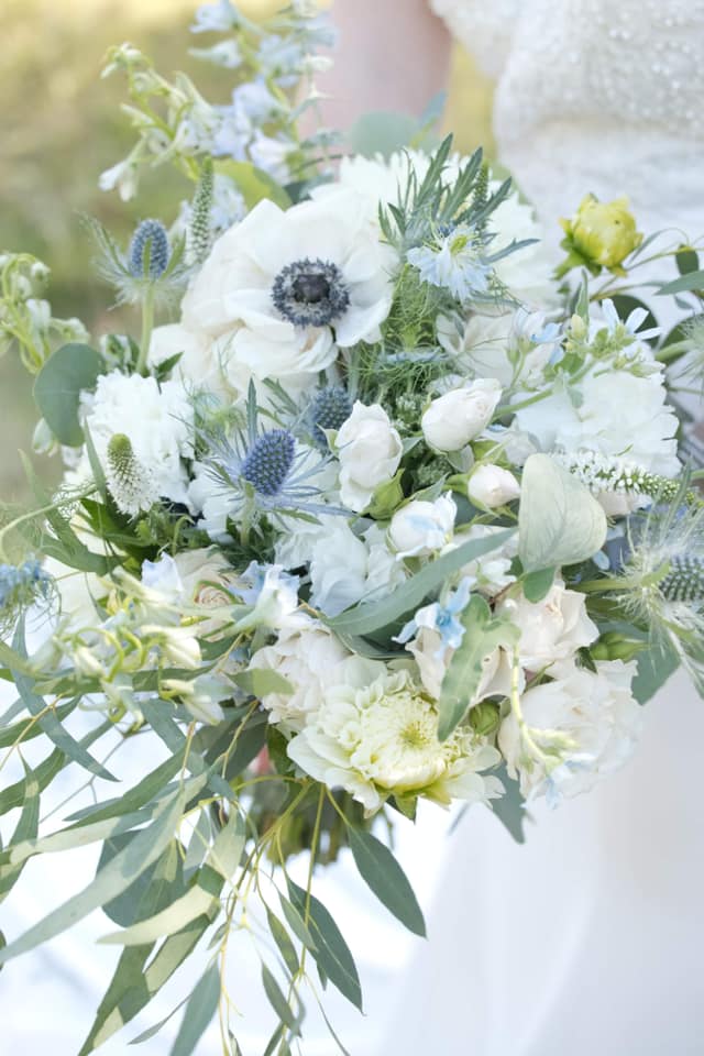 Blue and white bouquet, whispy greens, garden style
